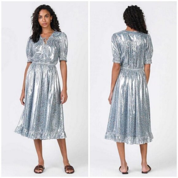 💕CURRENT AIR💕 Metallic Shine Midi Dress Shiny Blue Leopard Print Medium M NWT - Picture 1 of 15